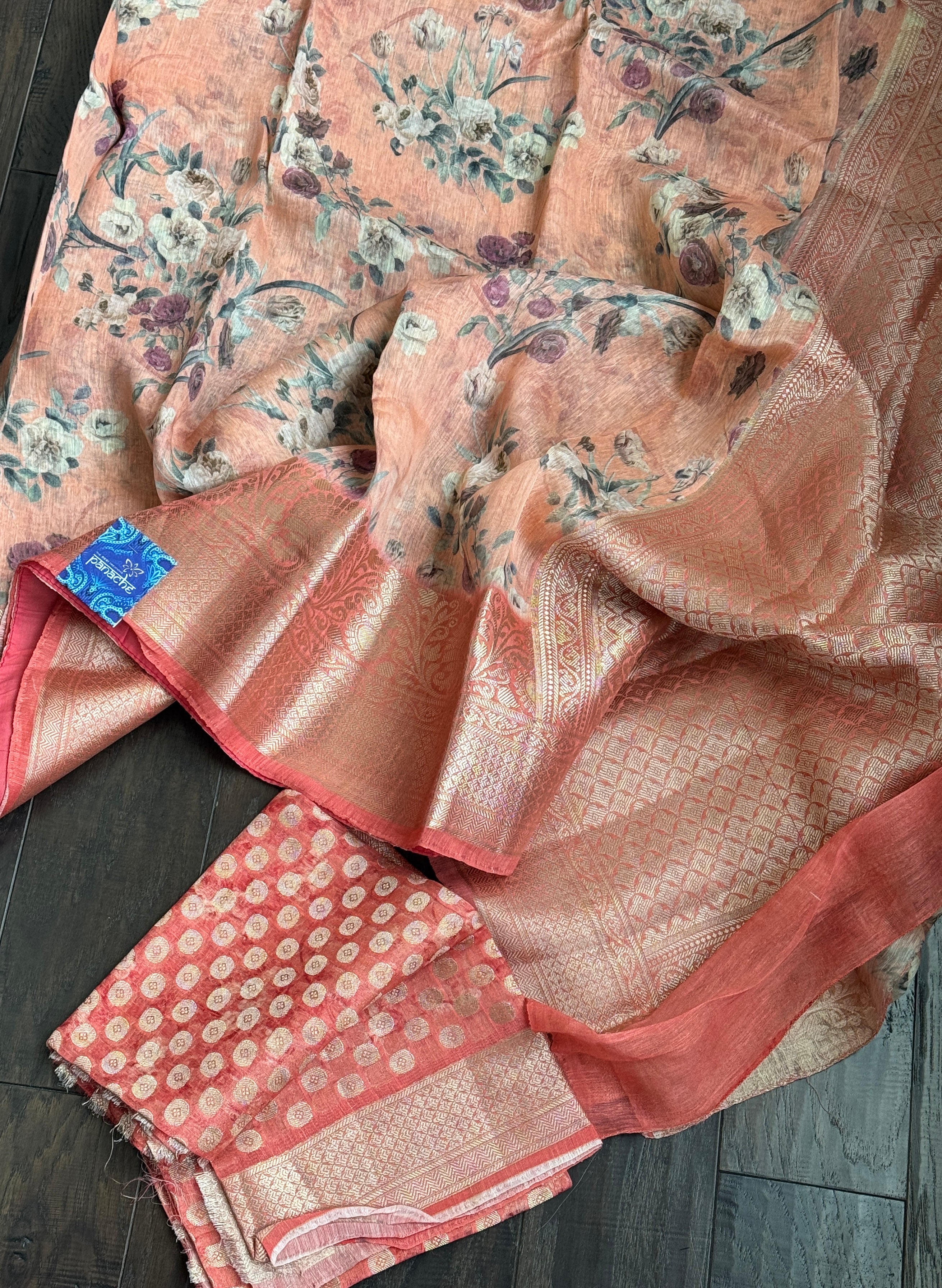 Pure Silk Linen Banarasi - Peach Floral Digital Print