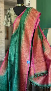 Pure Tussar Silk Banarasi - Green Pink