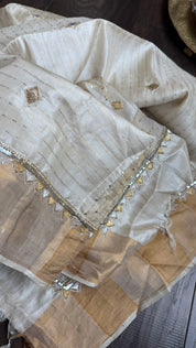 Designer Tussar Silk Zardozi - Beige Golden Purple Green Embroidered