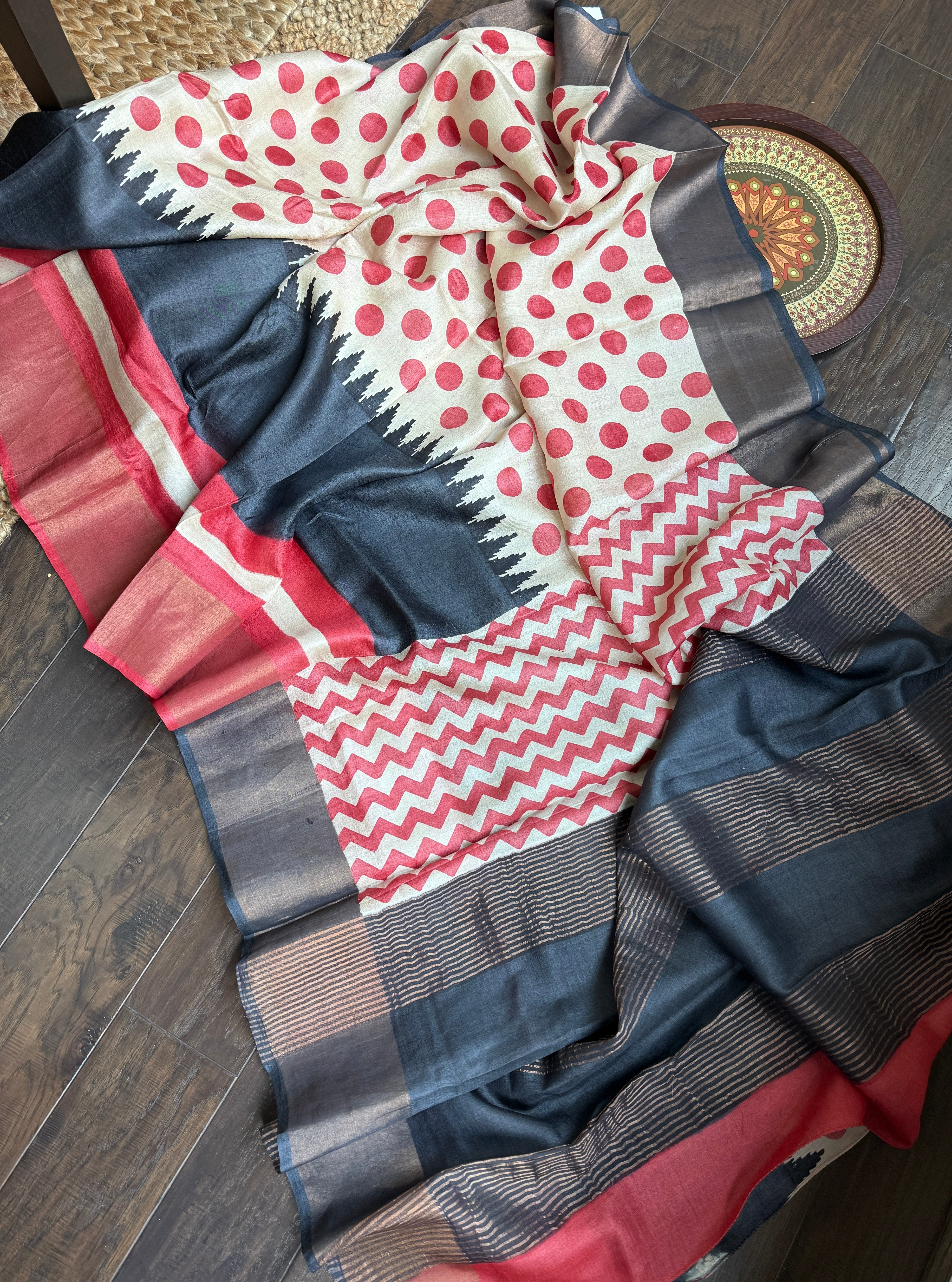 Pure Tussar Silk - Beige Red Black Polka