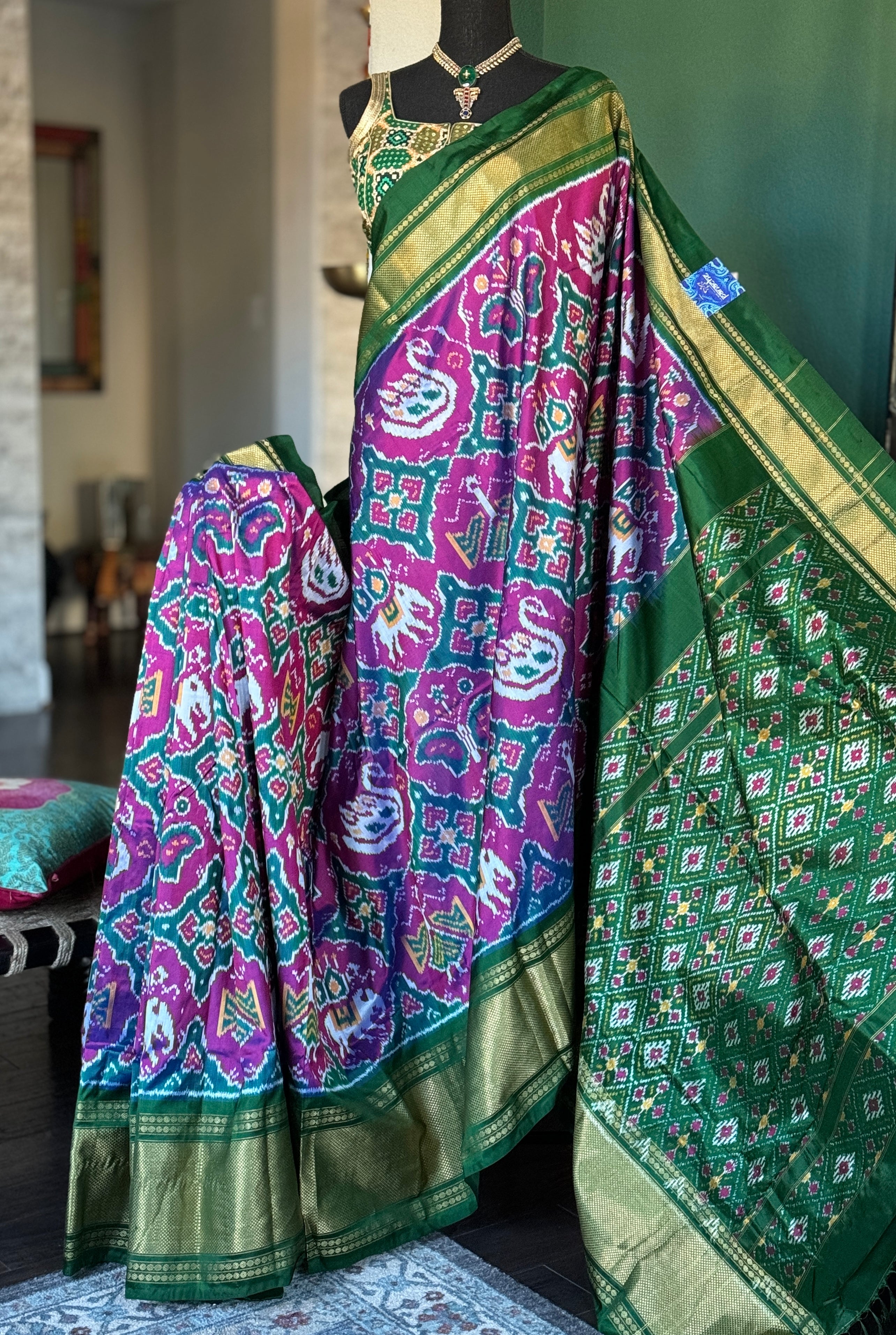 Pure Silk Ikat -  Green Magenta Pochampally