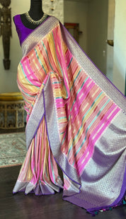 Khaddi Tussar Banarasi -  Pink Multi color Purple