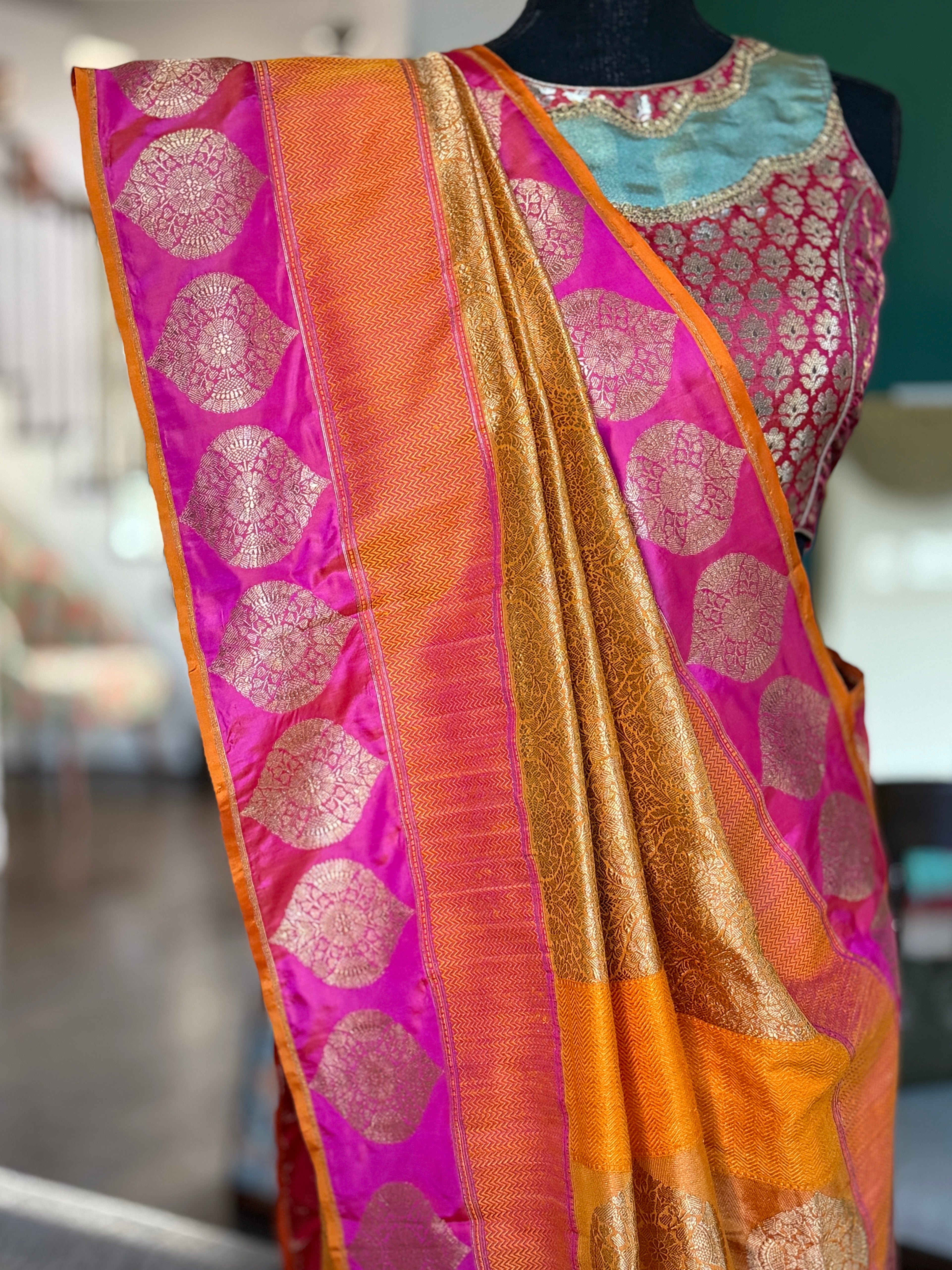 Pure Silk Brocade Banarasi - Mustard Yellow Orange Khadhua Woven
