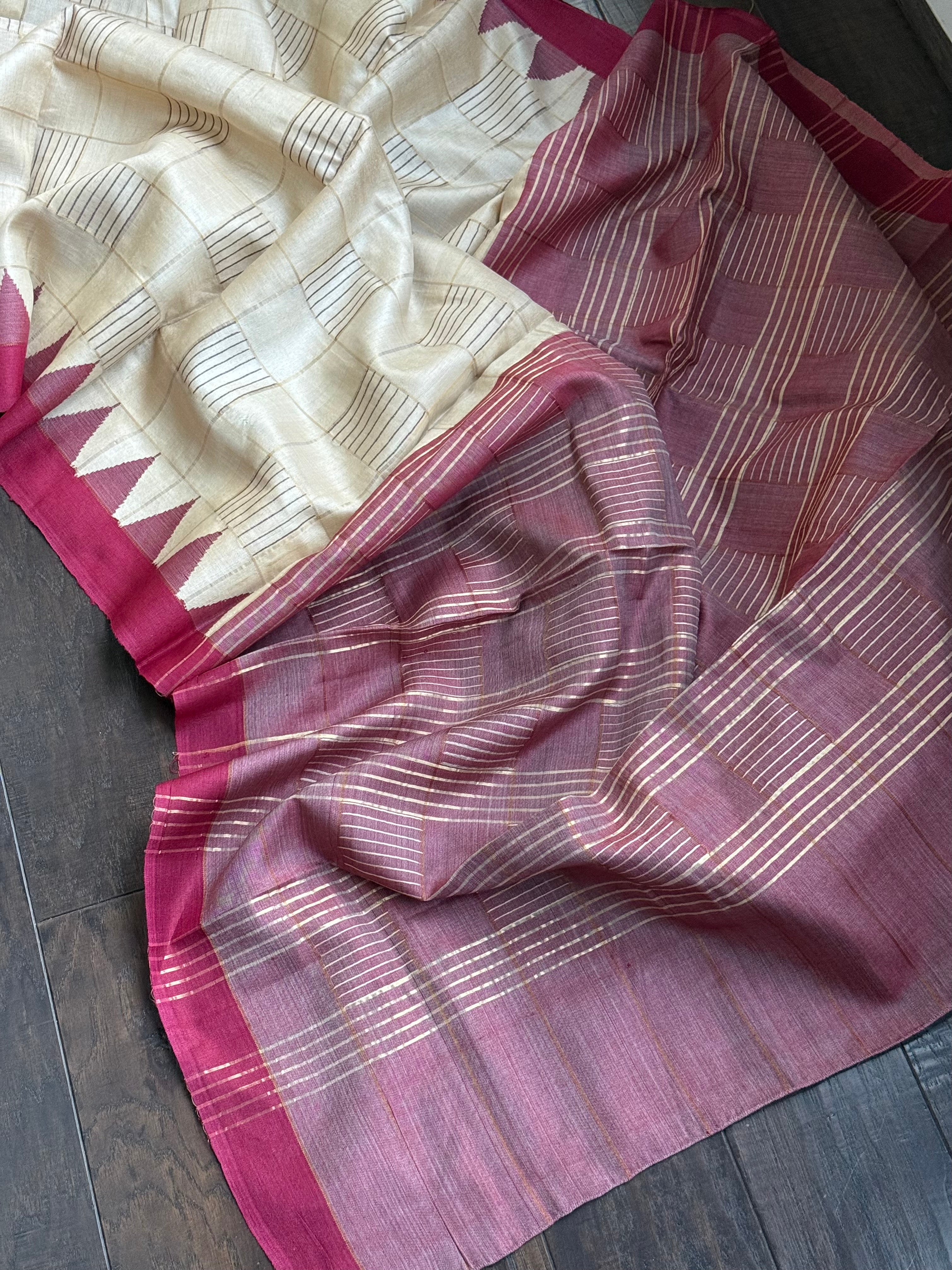 Pure Tussar Silk - Beige Maroon