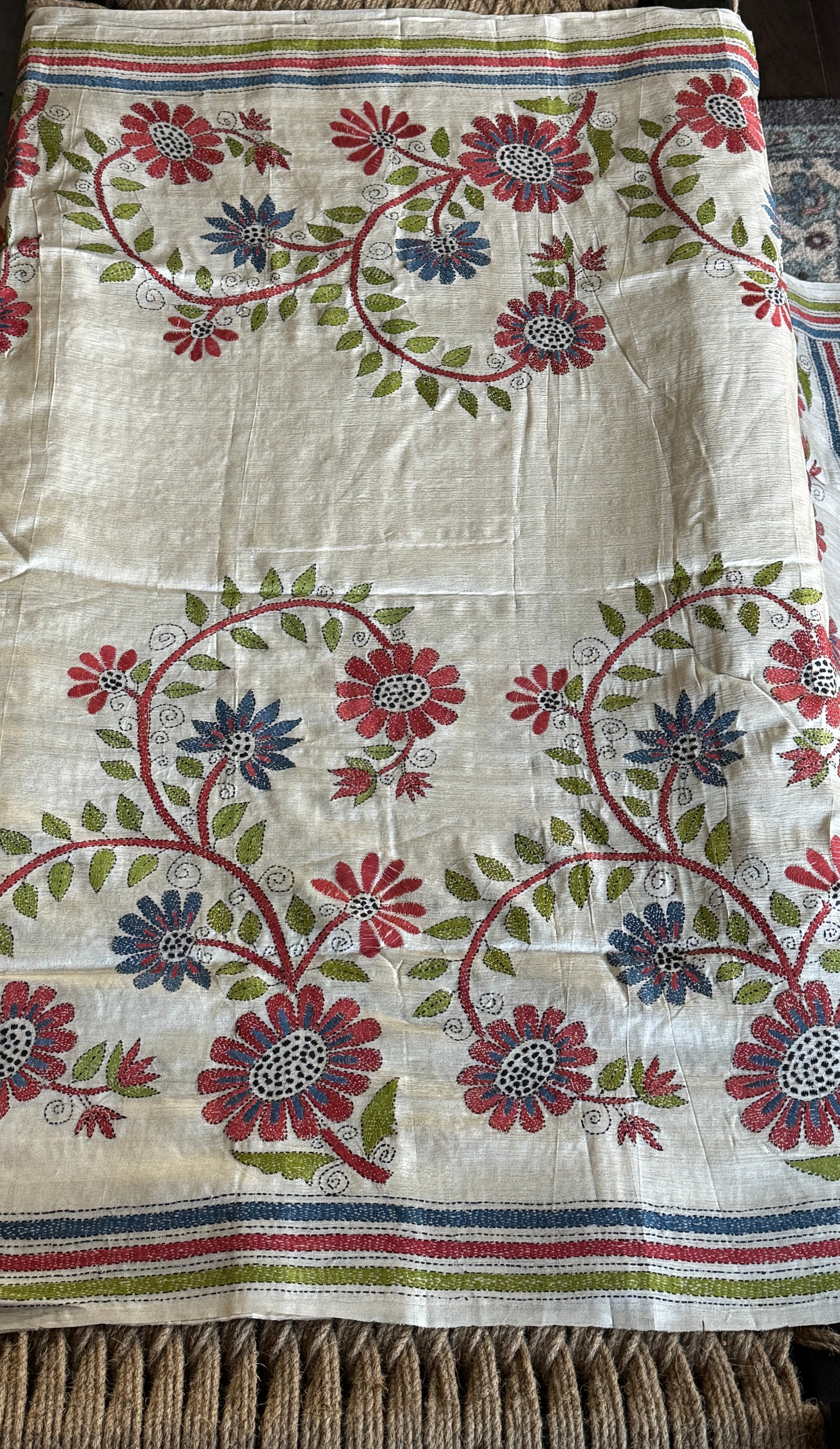 Pure Tussar Silk Kantha Stitch -  Beige Multi color