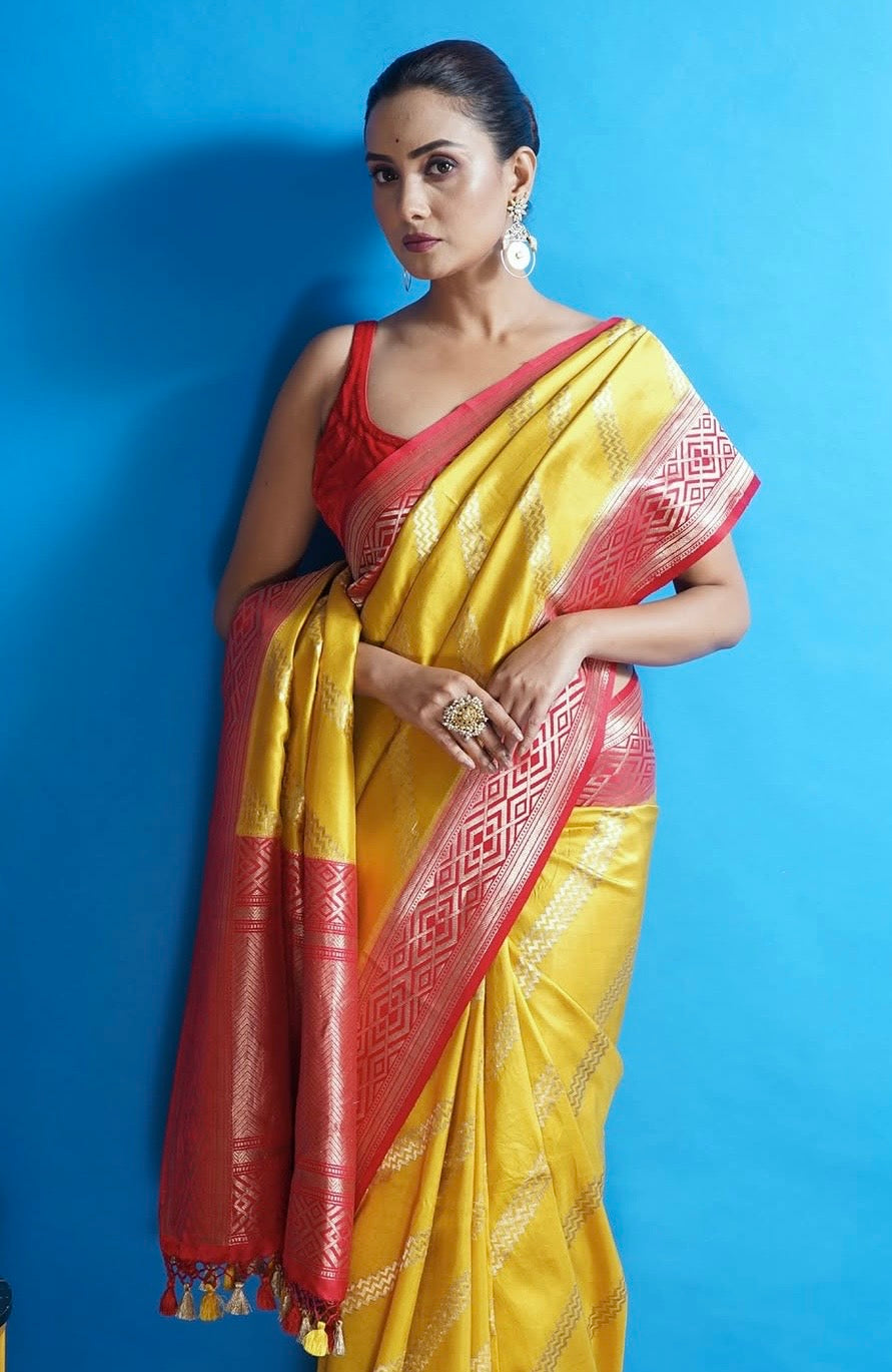 Pure Silk Katan Banarasi- Yellow Red Kadhua