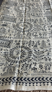 Pure Tussar Silk Kantha Stitch -  Beige Worli Art