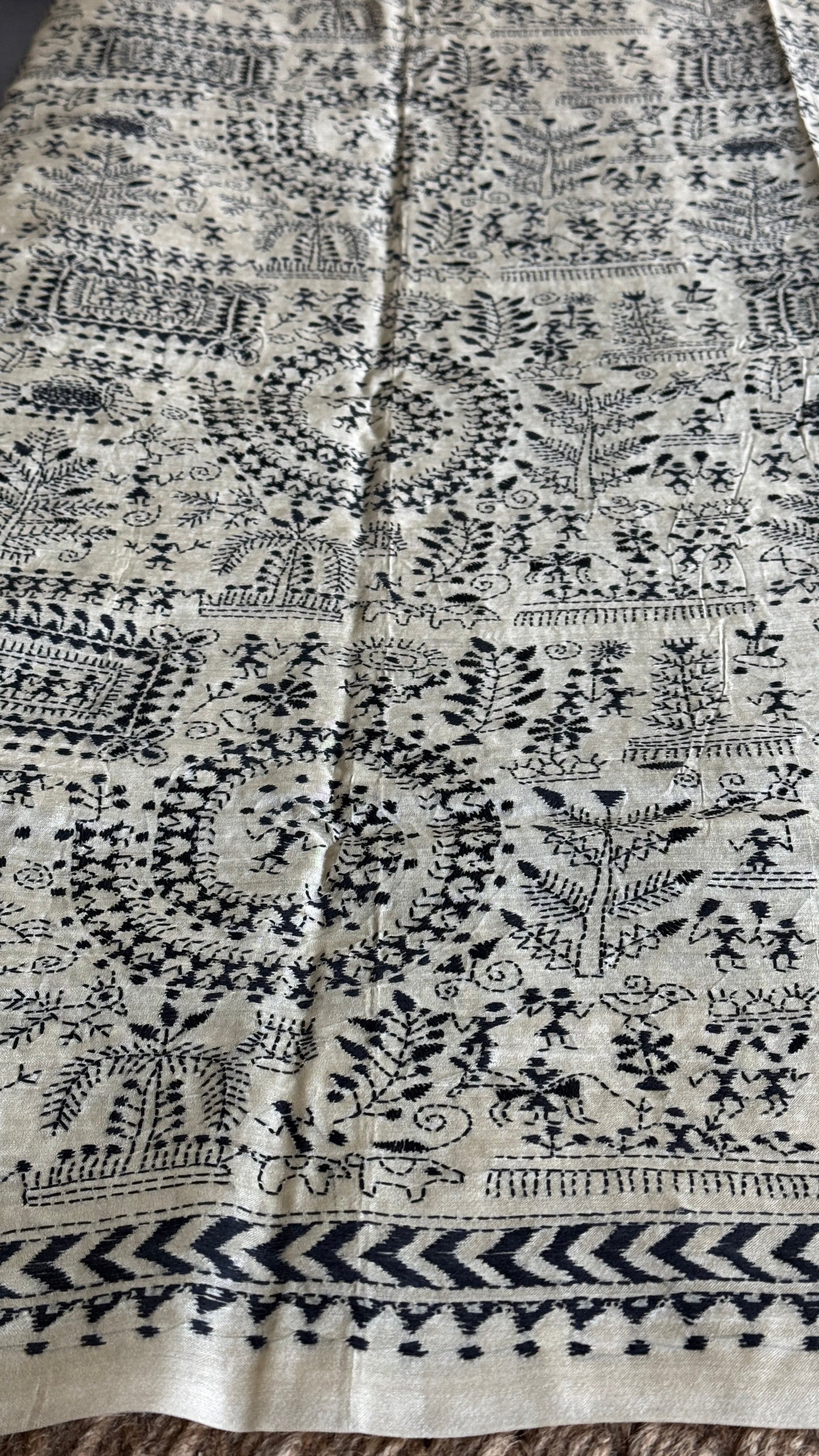 Pure Tussar Silk Kantha Stitch -  Beige Worli Art