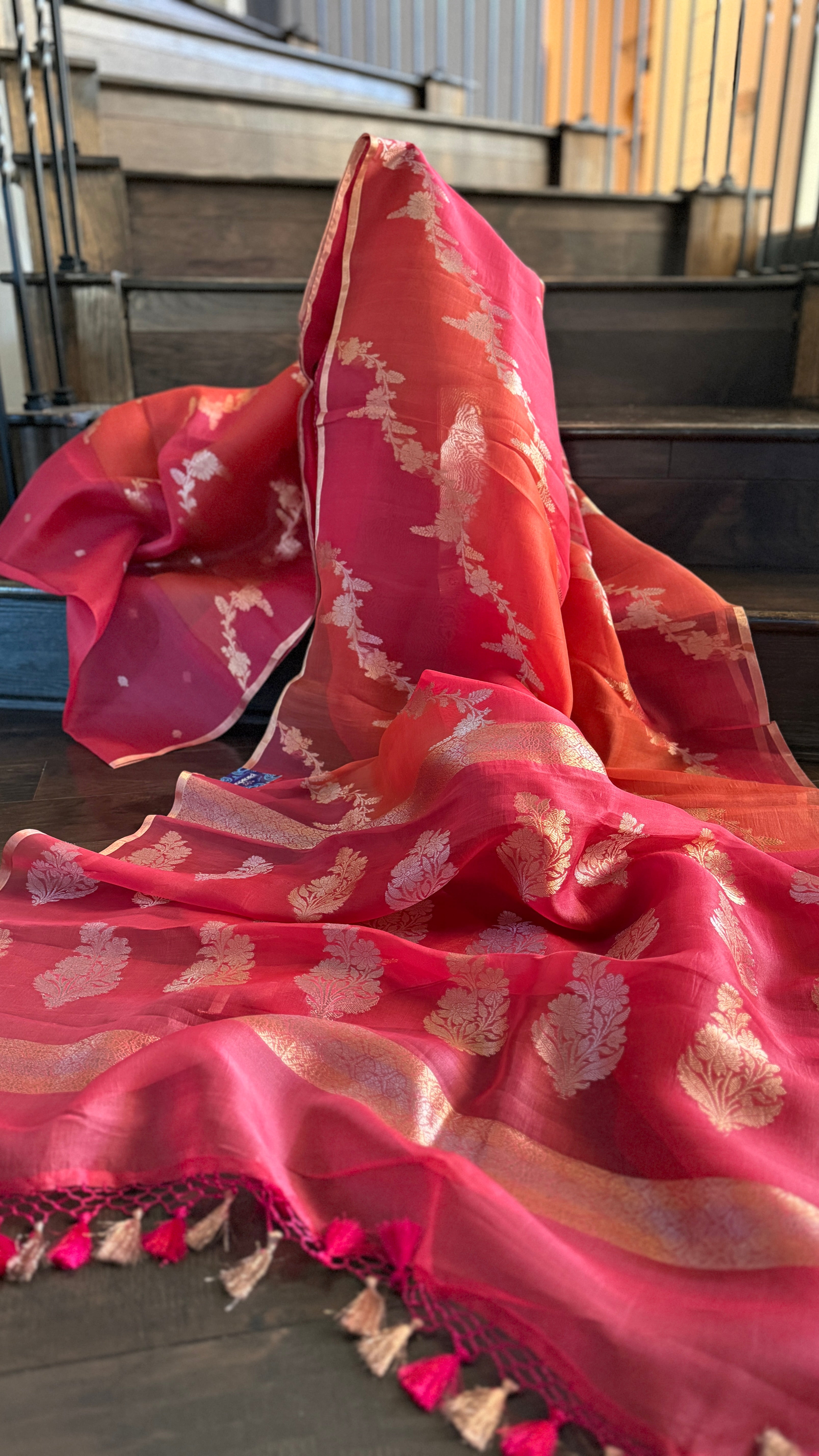 Kora Silk Rangkat Banarasi - Pink Orange Shaded