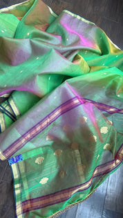 Pure Chanderi Organza Silk - Green Purple Shaded