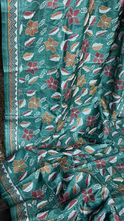 Pure Tussar Silk Kantha Stitch -  Dark Green Multi Color