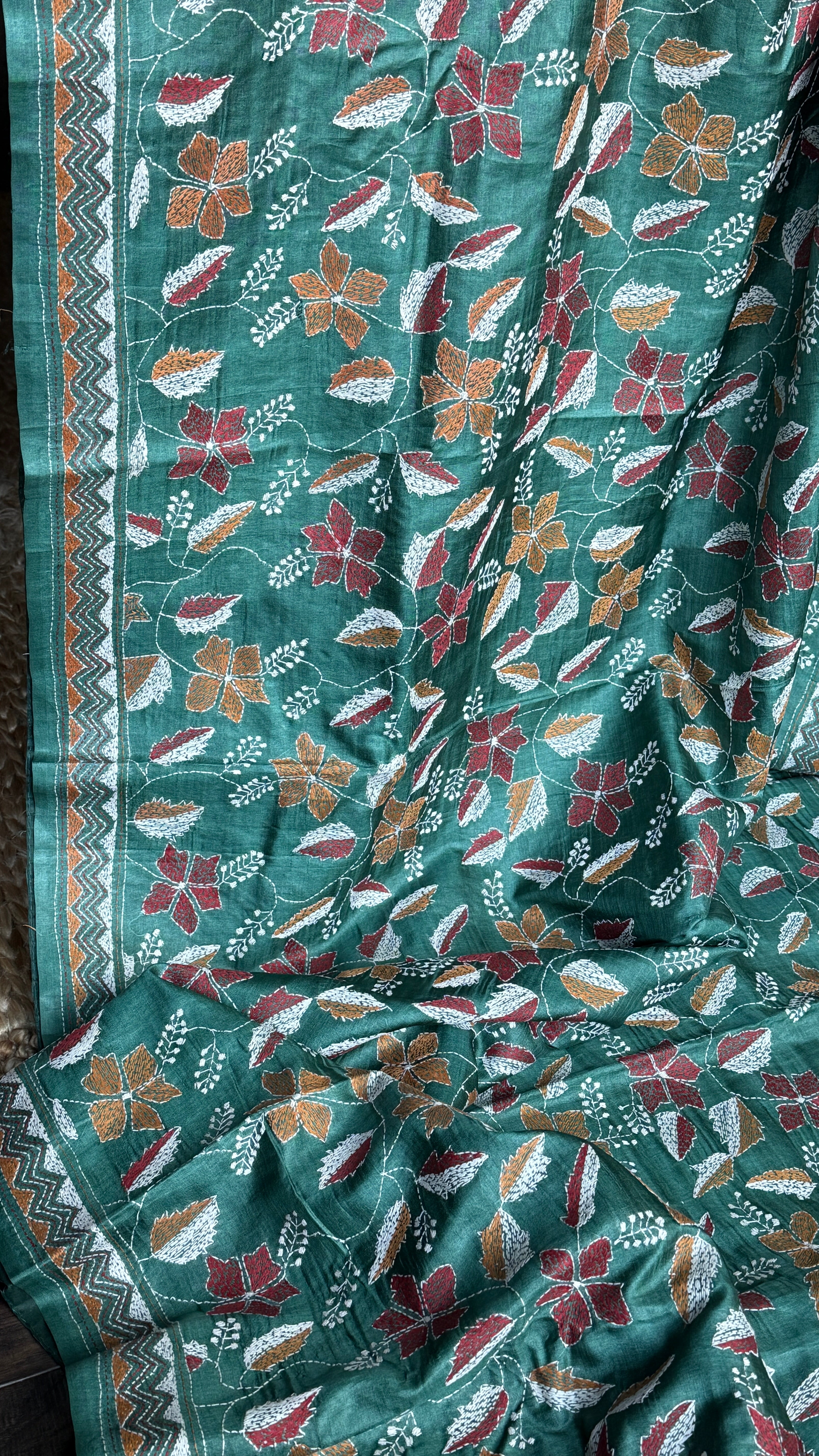 Pure Tussar Silk Kantha Stitch -  Dark Green Multi Color