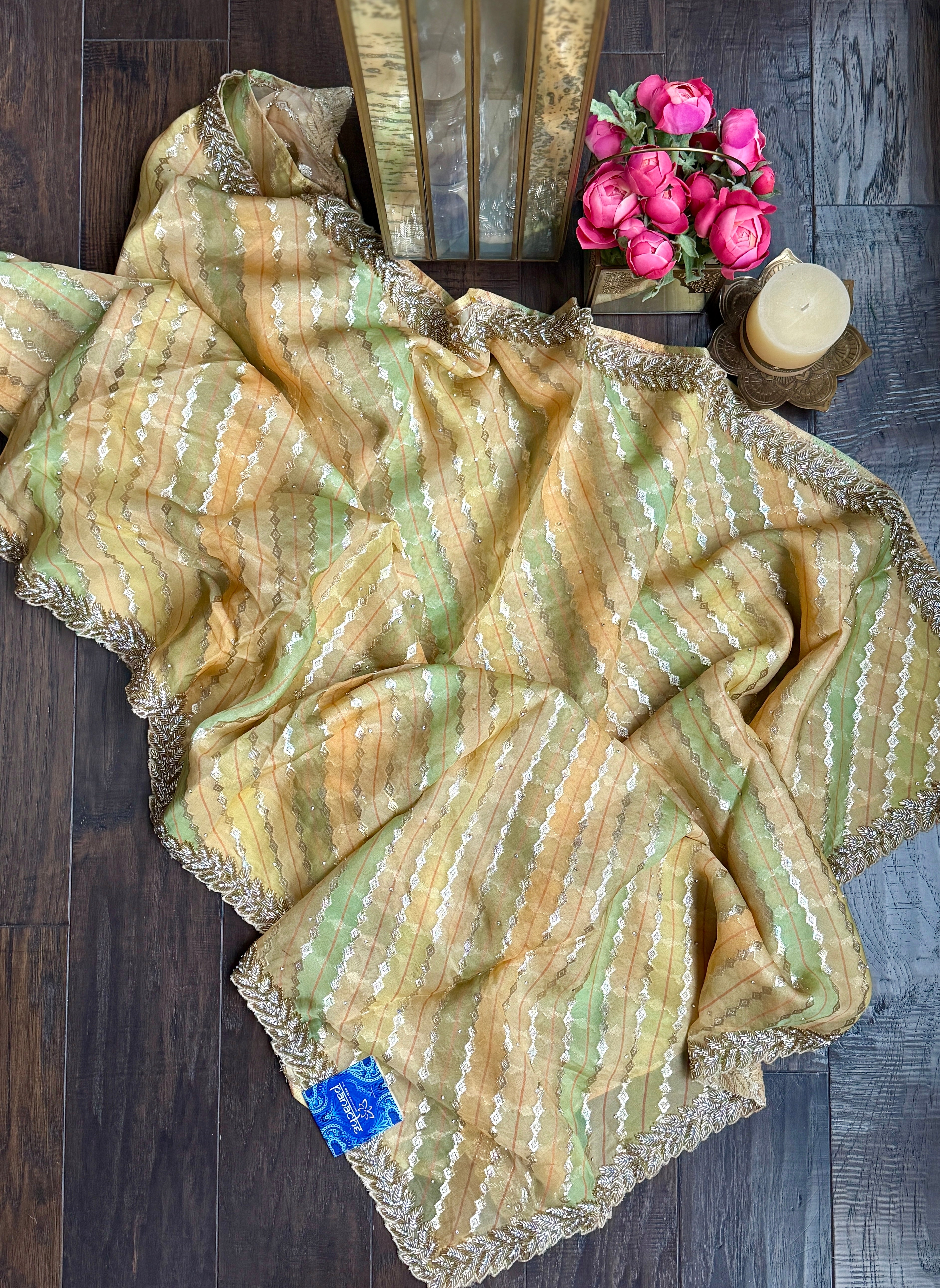 Designer Georgette Organza - Yellow Multi Color Hand Embroidered