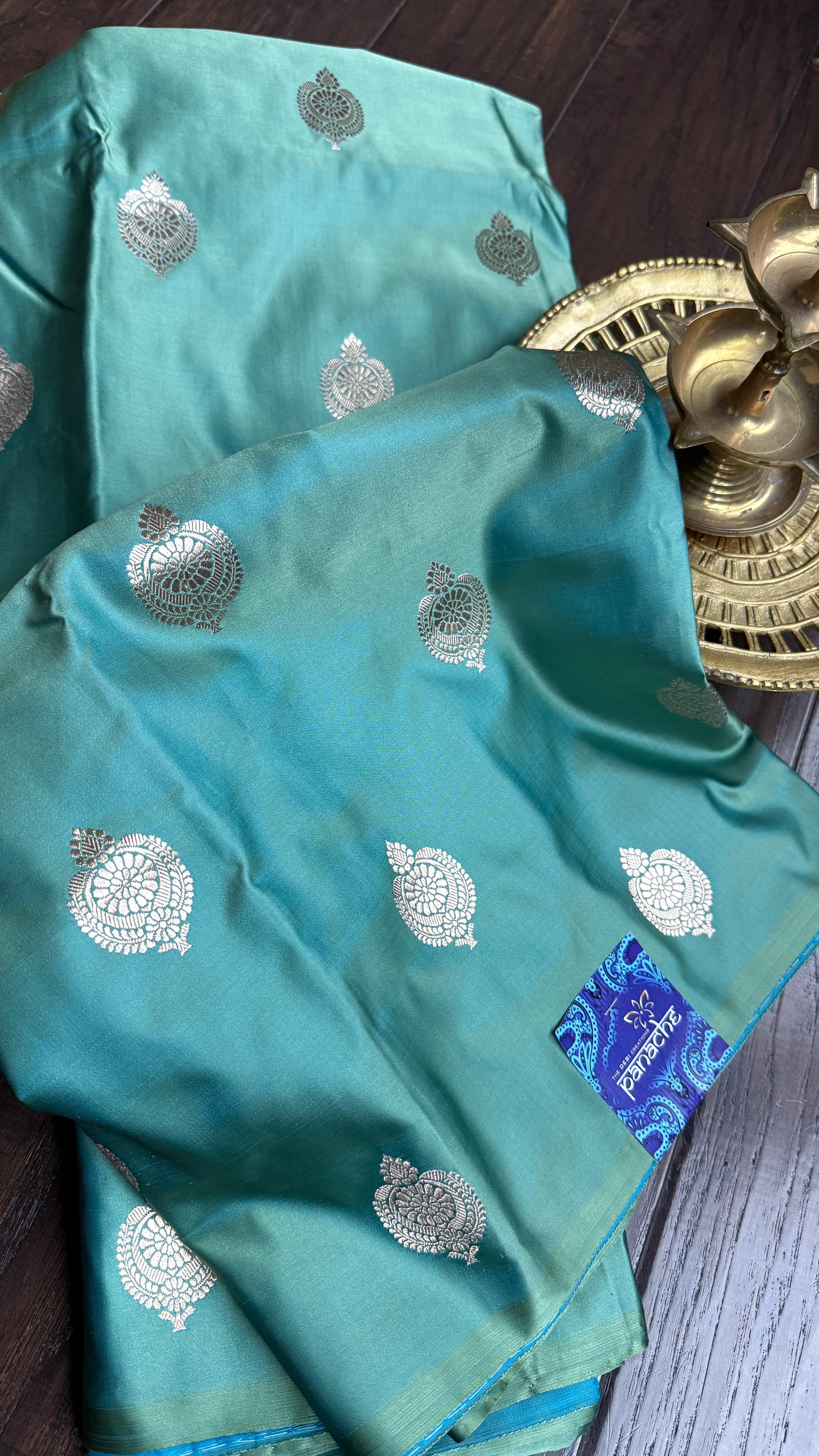 Pure Silk Mashru Borderless Banarasi- Sea Green Firozi Dual Tone