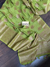 Silk Cotton Bandhani Banaras Chanderi - Green Gold Zari