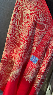 Kashmiri Pashmina Fine Wool Stole - Red Resham Stone Aariwork