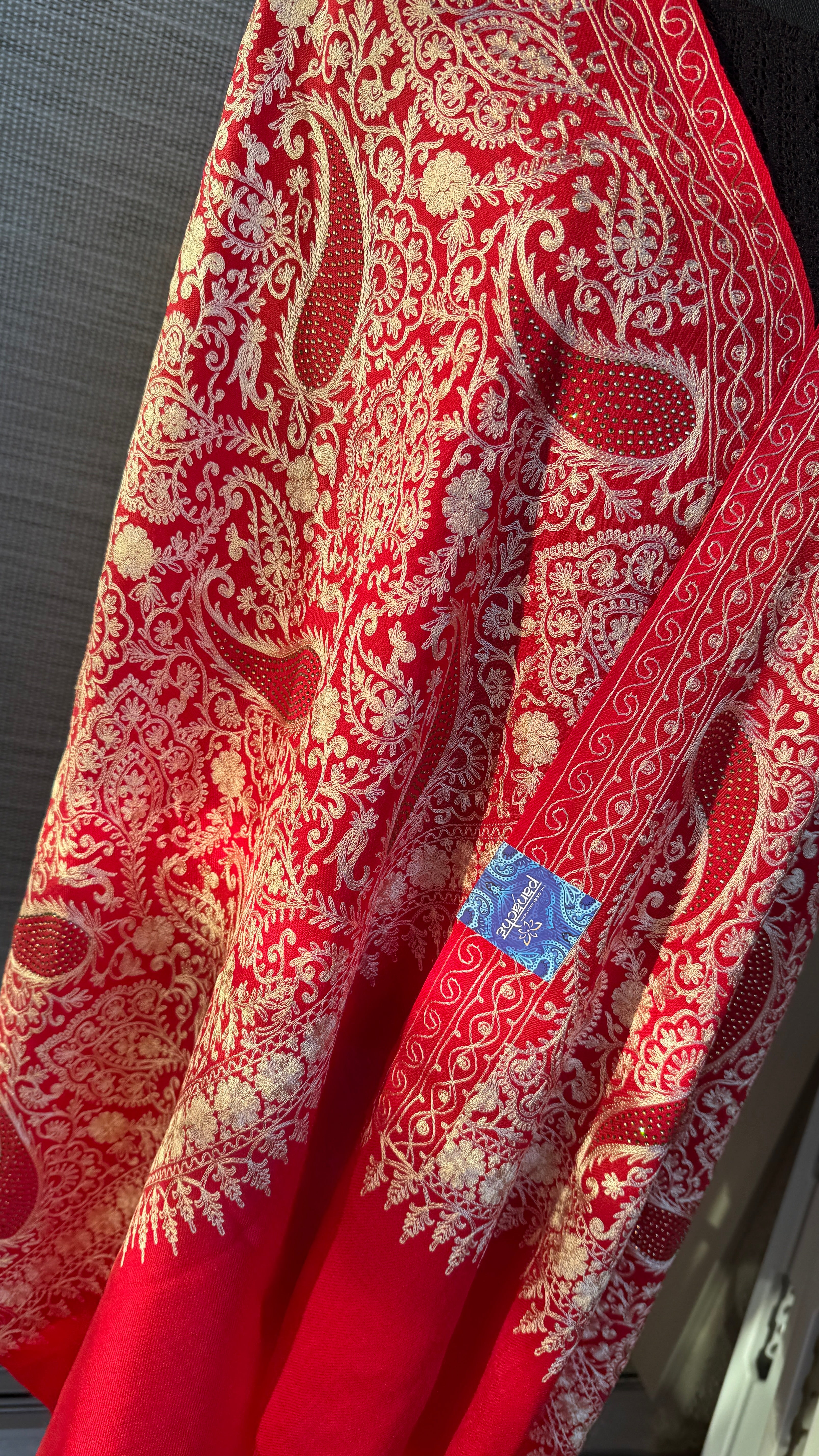Kashmiri Pashmina Fine Wool Stole - Red Resham Stone Aariwork