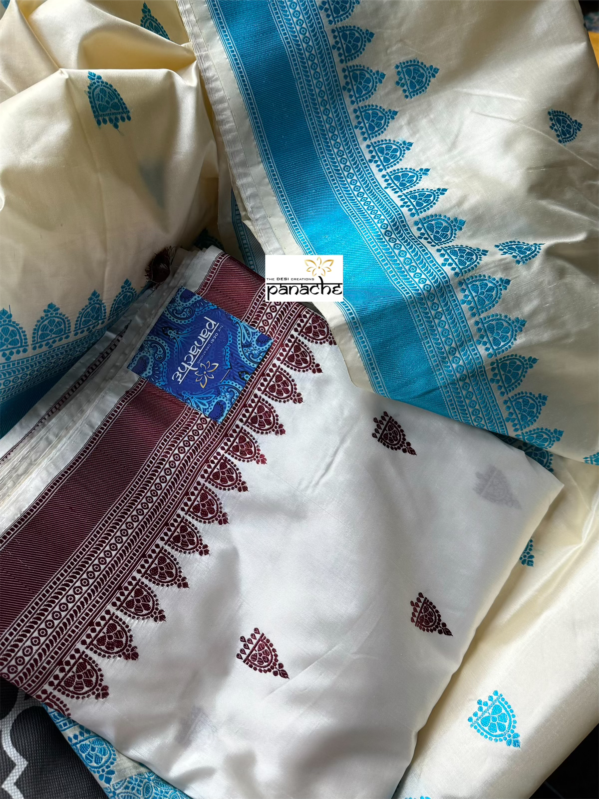 Pure Silk Katan Banarasi- Cream Firozi