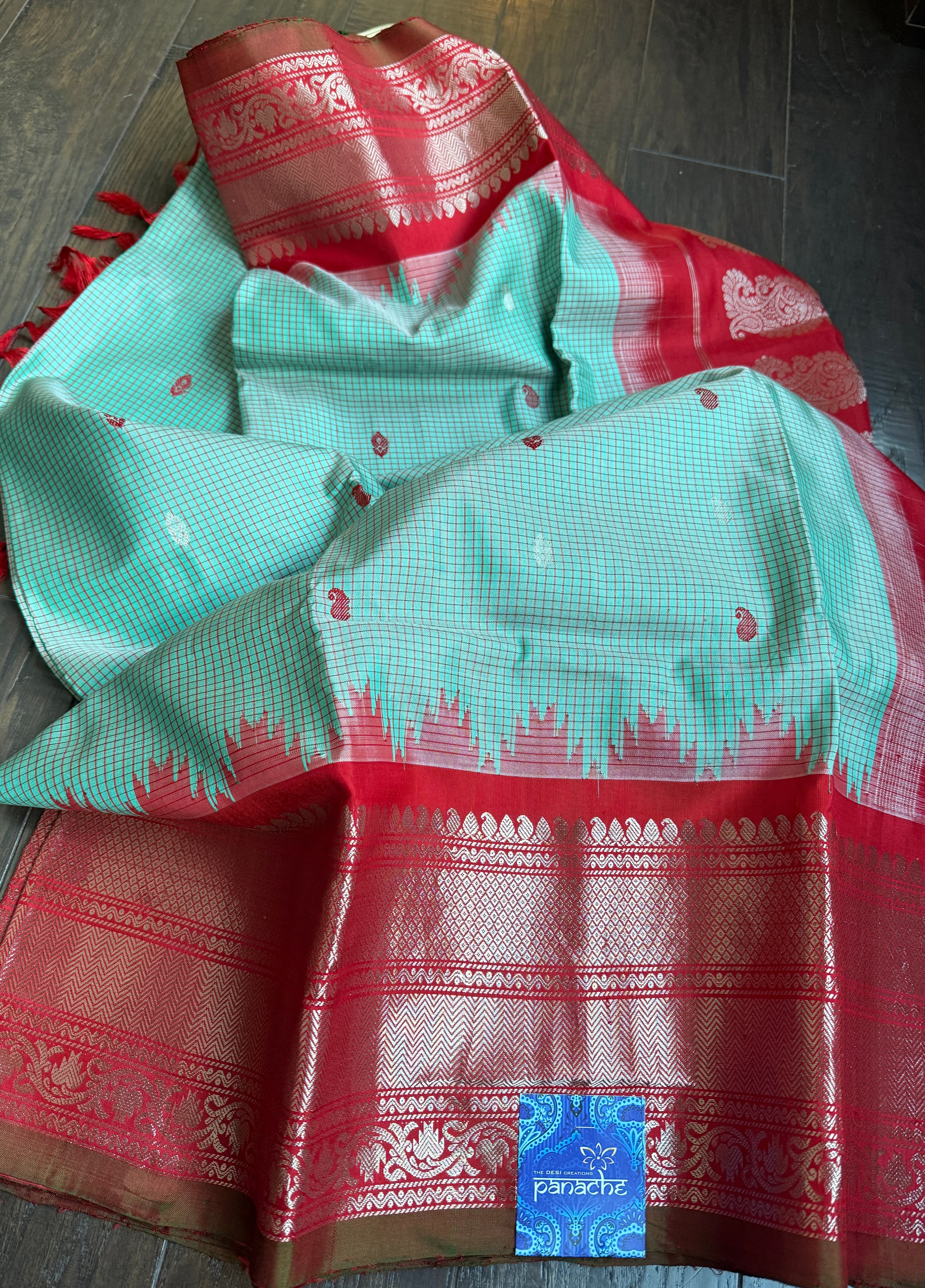 Pure Silk Gadwal - Light Blue Red Checkered