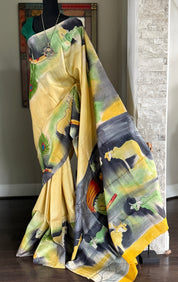 Pure Tussar Silk - Light Lemon Yellow Hand Painted