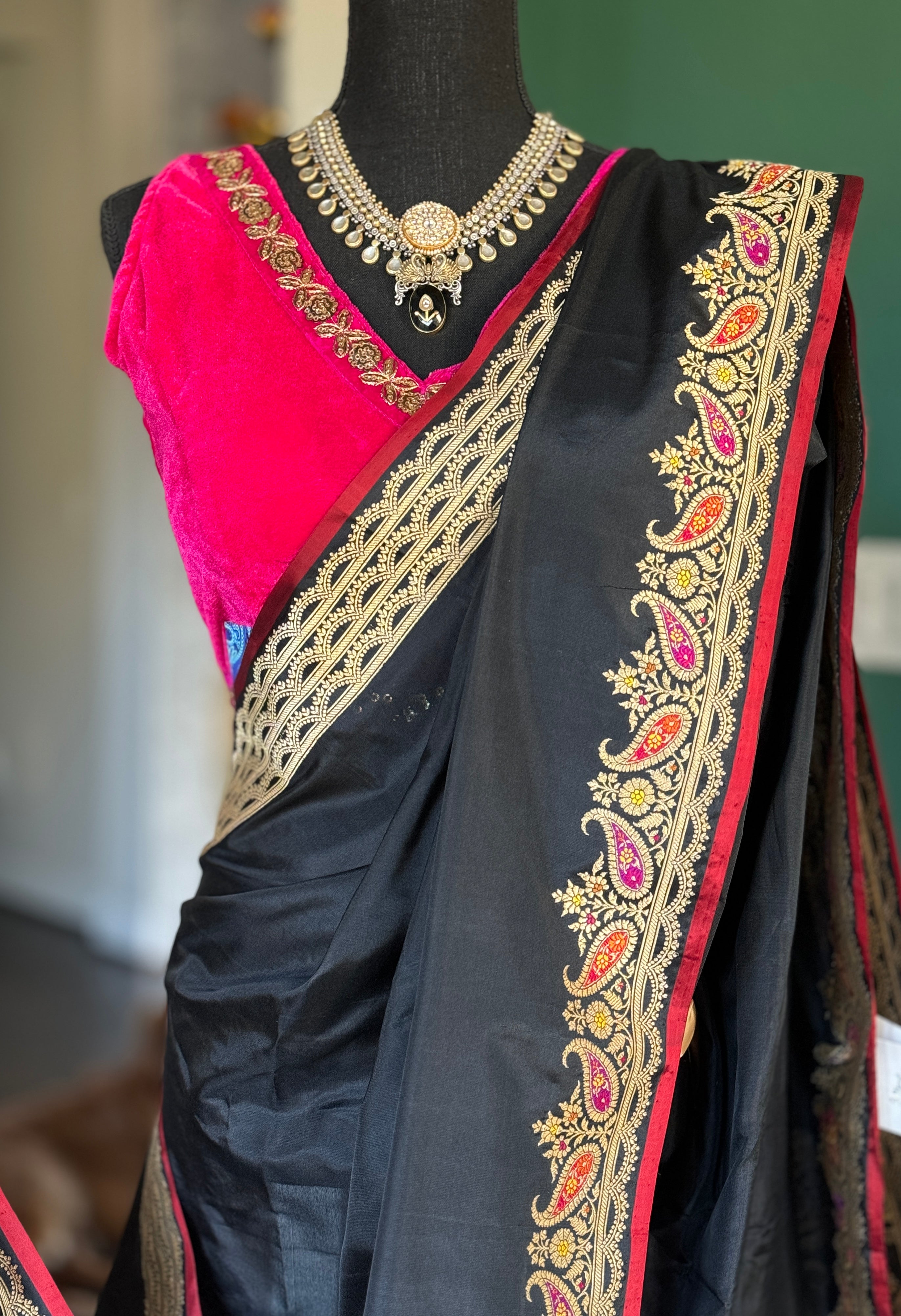 Exclusive Pure Katan Silk Kadhua Banarasi - Black Meenakari