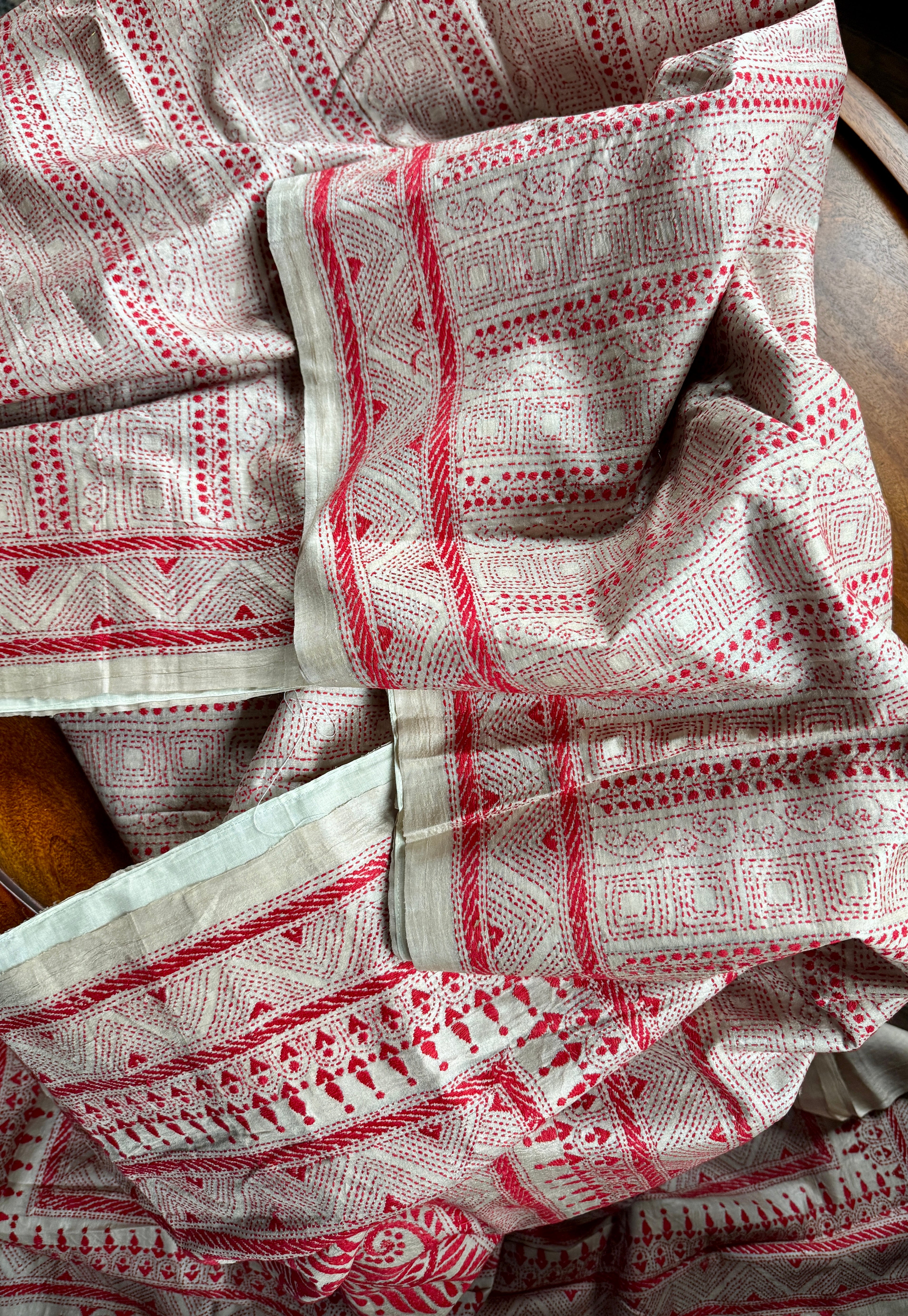 Pure Tussar Silk Kantha Stitch -  Beige Red