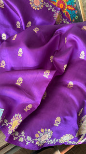 Pure Katan Silk Banarasi - Purple Hand Brush painted