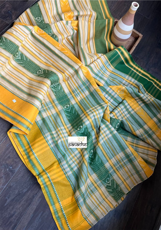 Dhonekhali Cotton Saree - Green Yellow