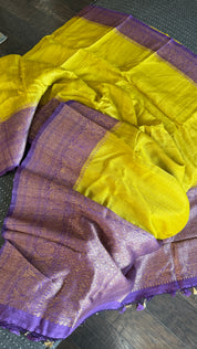 Tussar Silk Banarasi - Lemon Ochre Purple Antique Zari