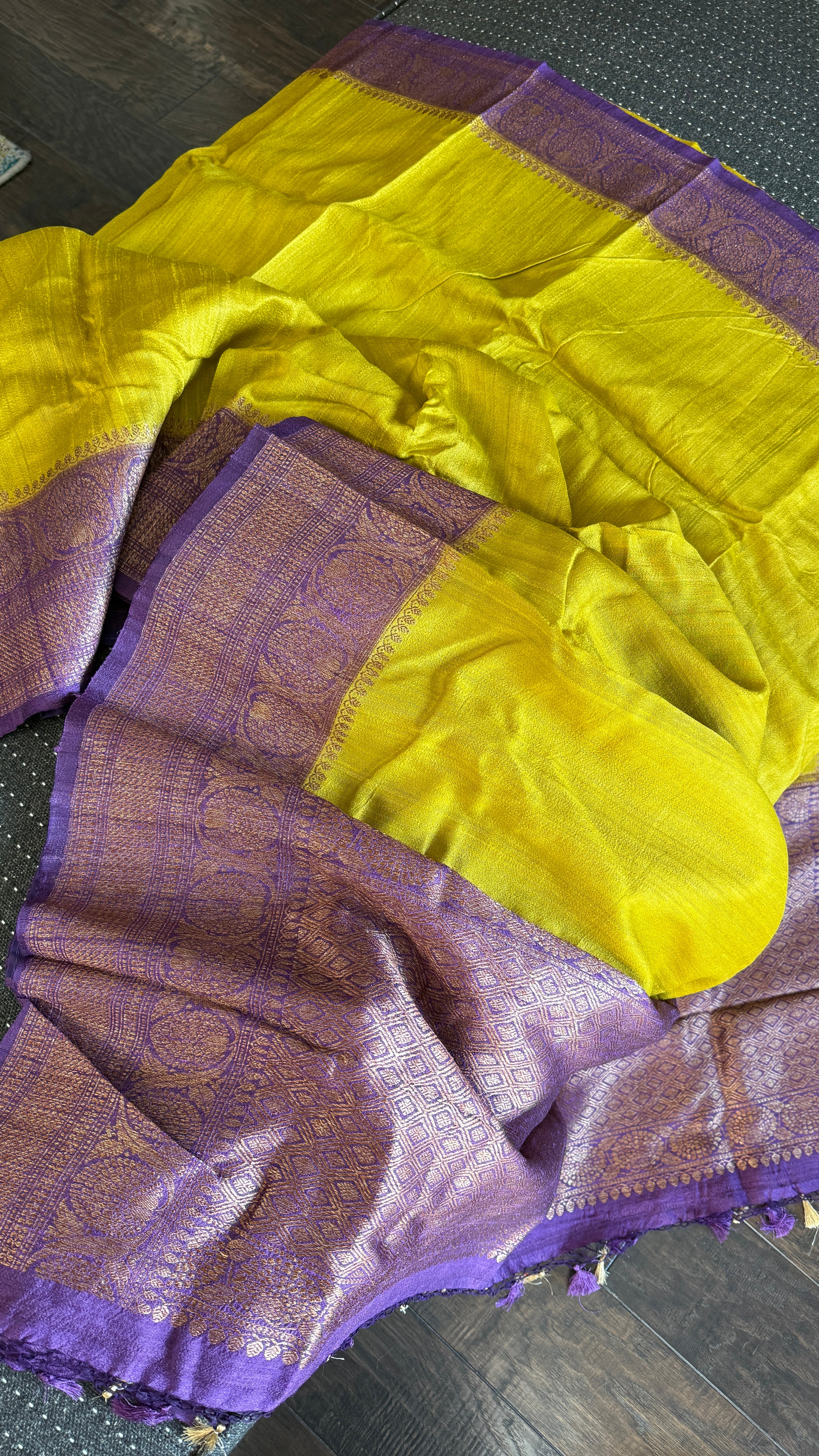 Tussar Silk Banarasi - Lemon Ochre Purple Antique Zari