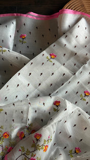 Designer Organza Tissue - Silver Grey Pink Embroidered