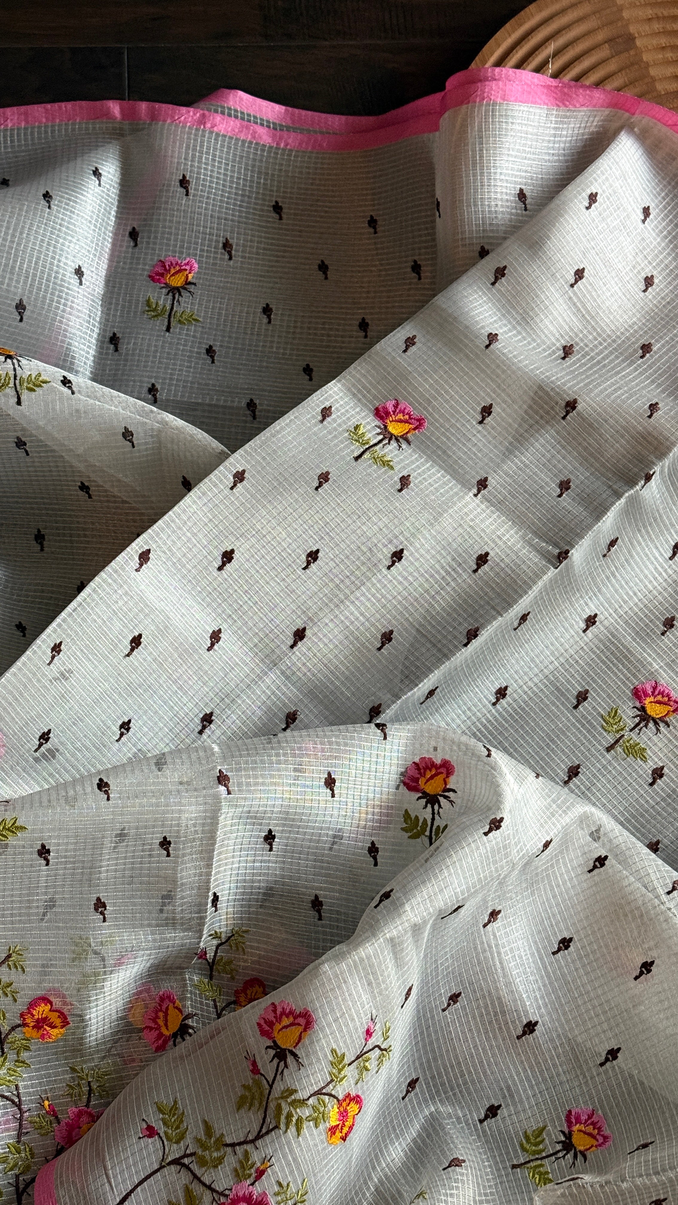 Designer Organza Tissue - Silver Grey Pink Embroidered