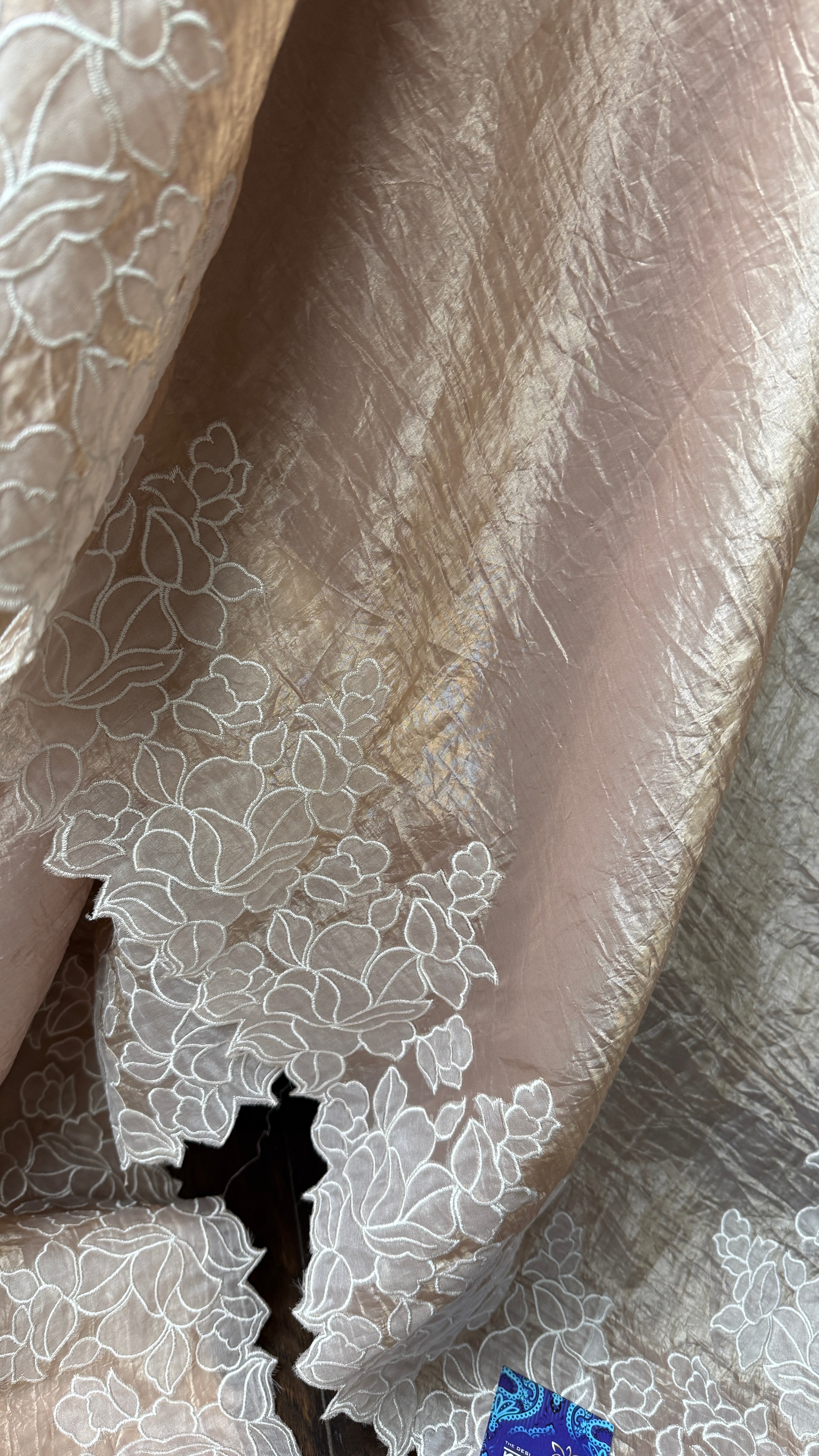 Designer Crushed Tissue Silk - Light Brown Appliqué Embroidered