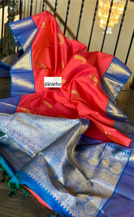 Pure Silk Kanjivaram - Raspberry Red Blue Dual Shaded