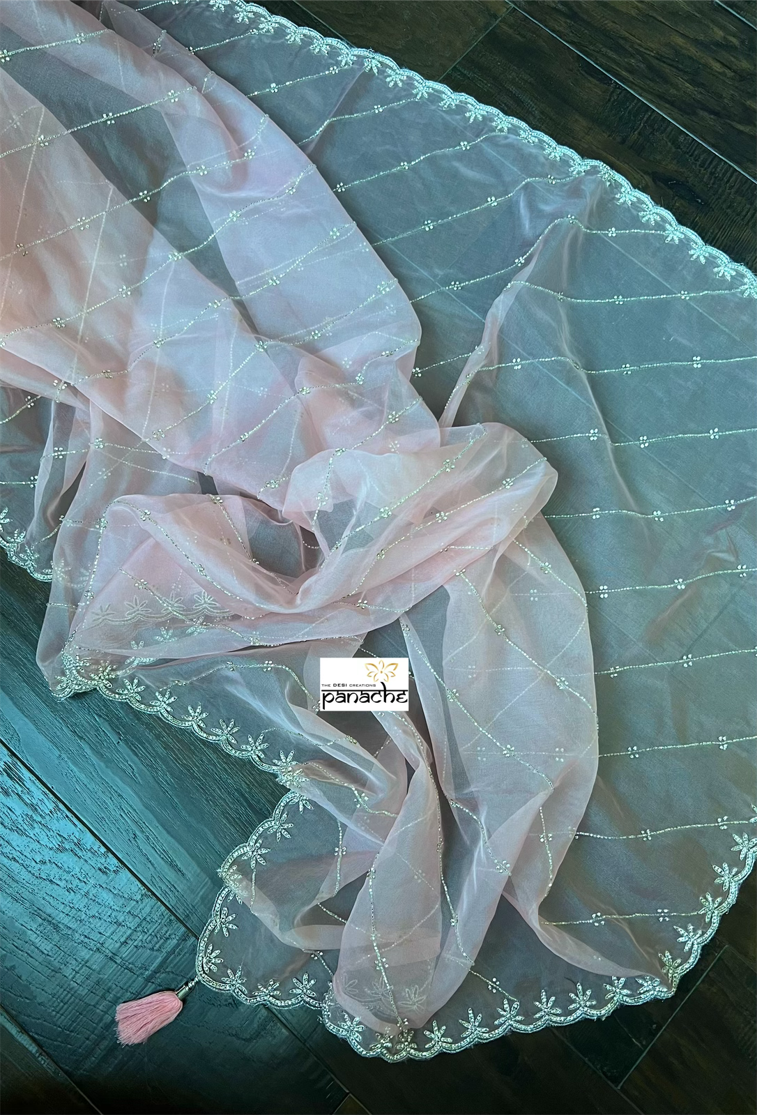 Designer Organza - Light Peach Pink Leheriya