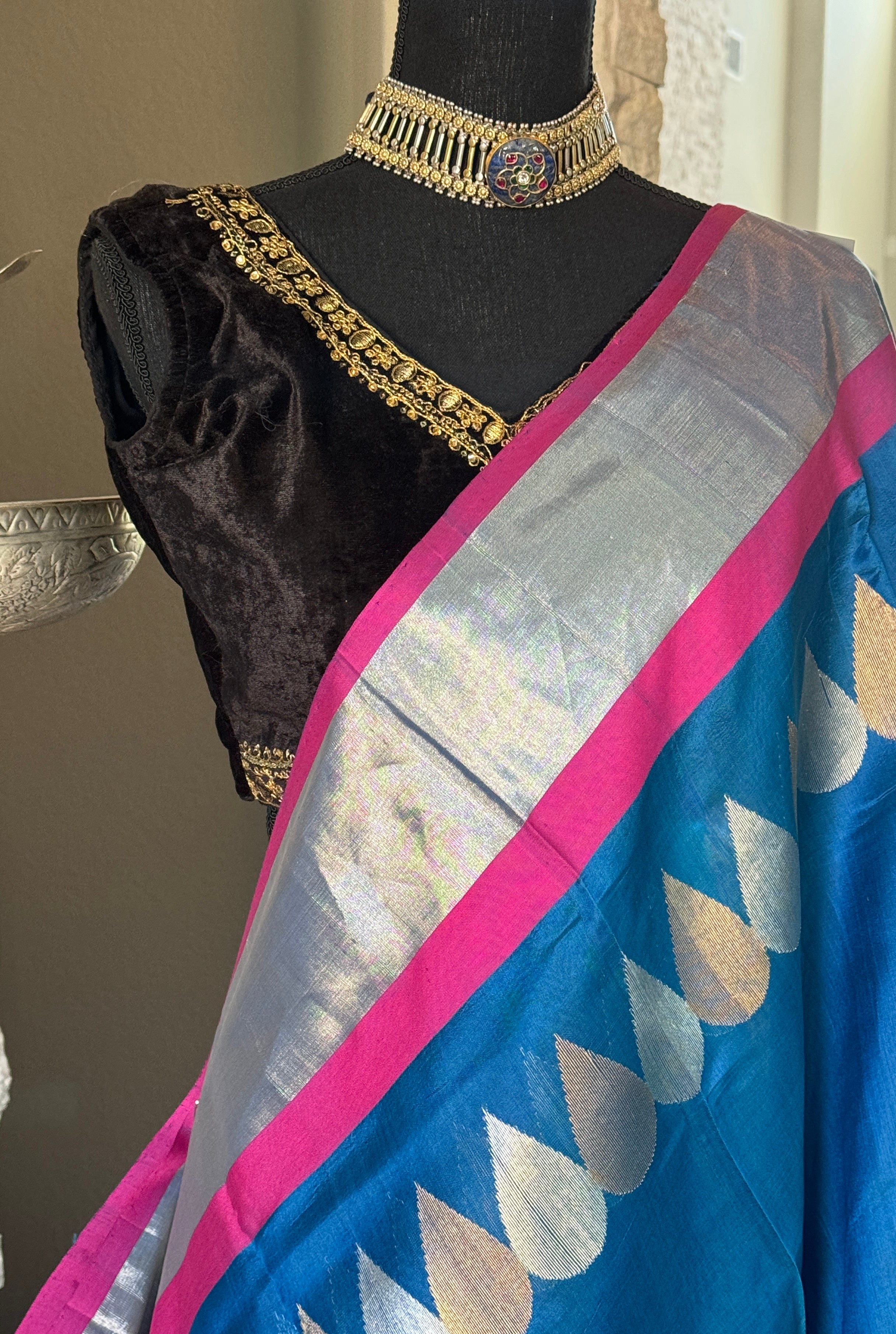 Designer Velvet Blouse - Black Gold Zari Sleeveless