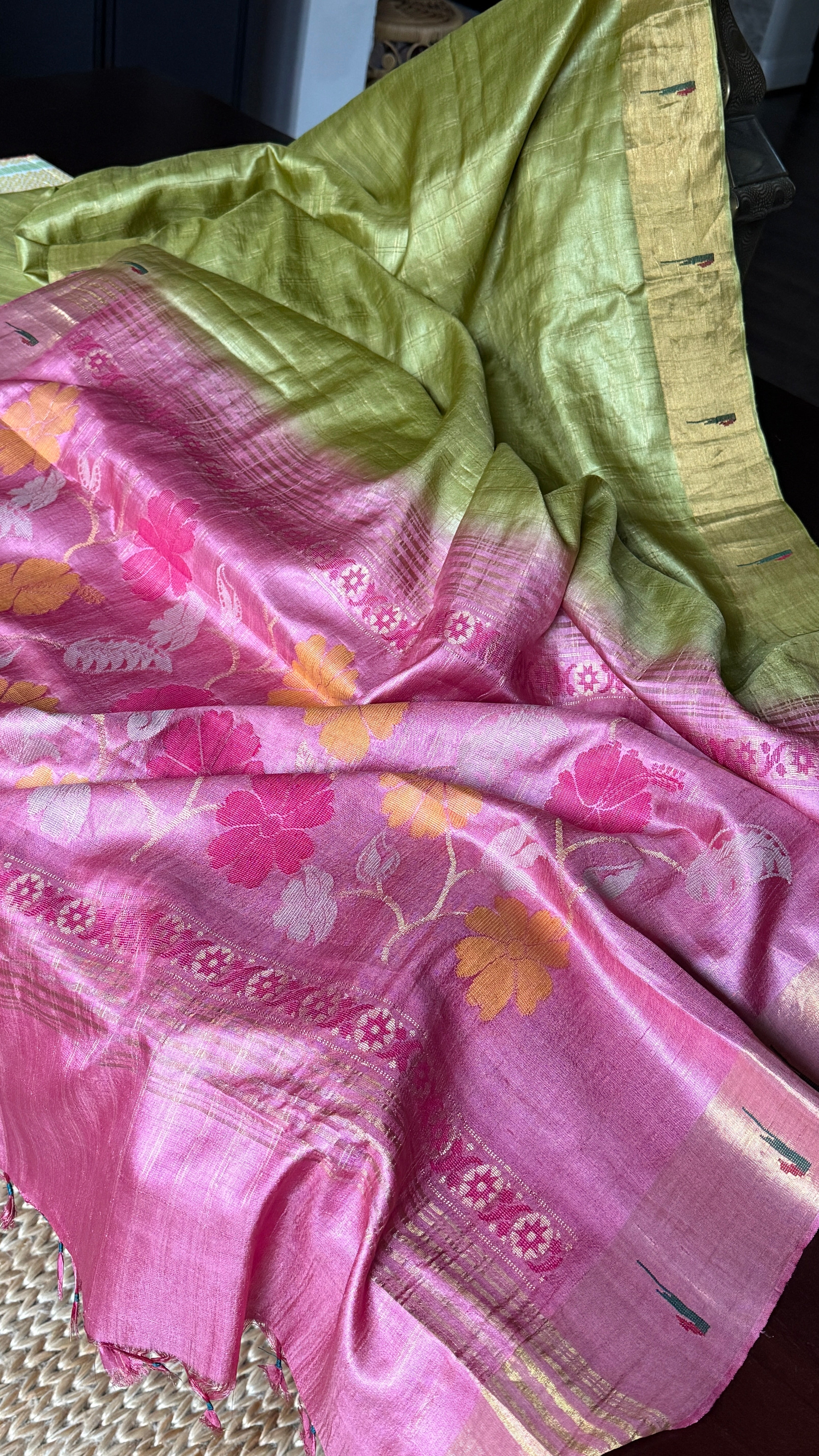 Tussar Silk Paithani Single Munia - Henna Green Handwoven