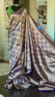 Pure Silk Katan Banarasi- Purple Antique Gold Zari