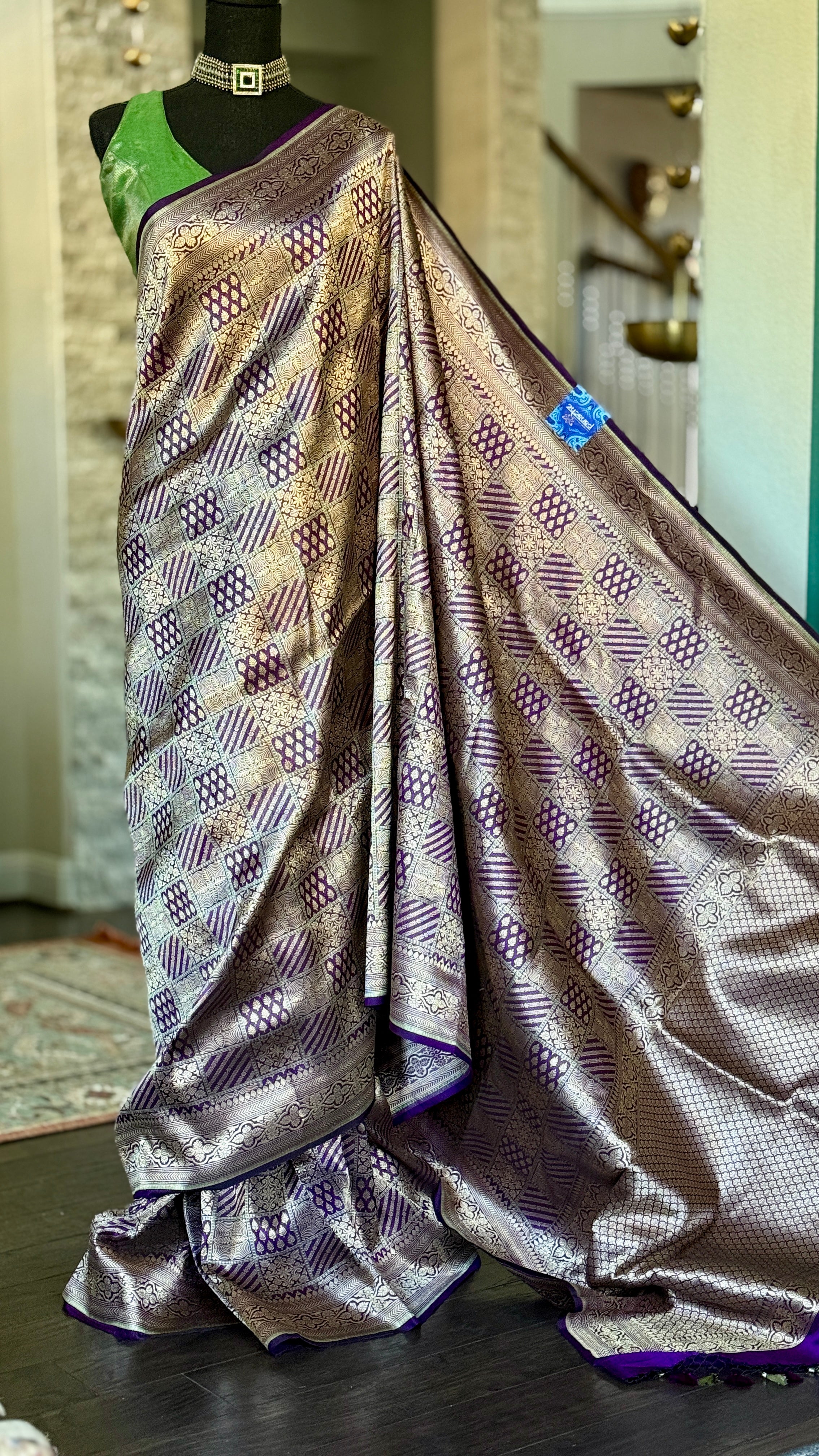 Pure Silk Katan Banarasi- Purple Antique Gold Zari