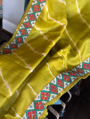 Pure Tussar Silk Gujrati Stitch -  Lime green Shibori Hand Embroidered