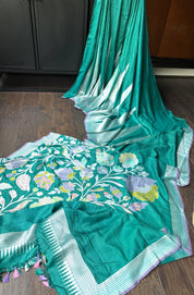 Khaddi Tussar Banarasi - Teal Blue Meenakari