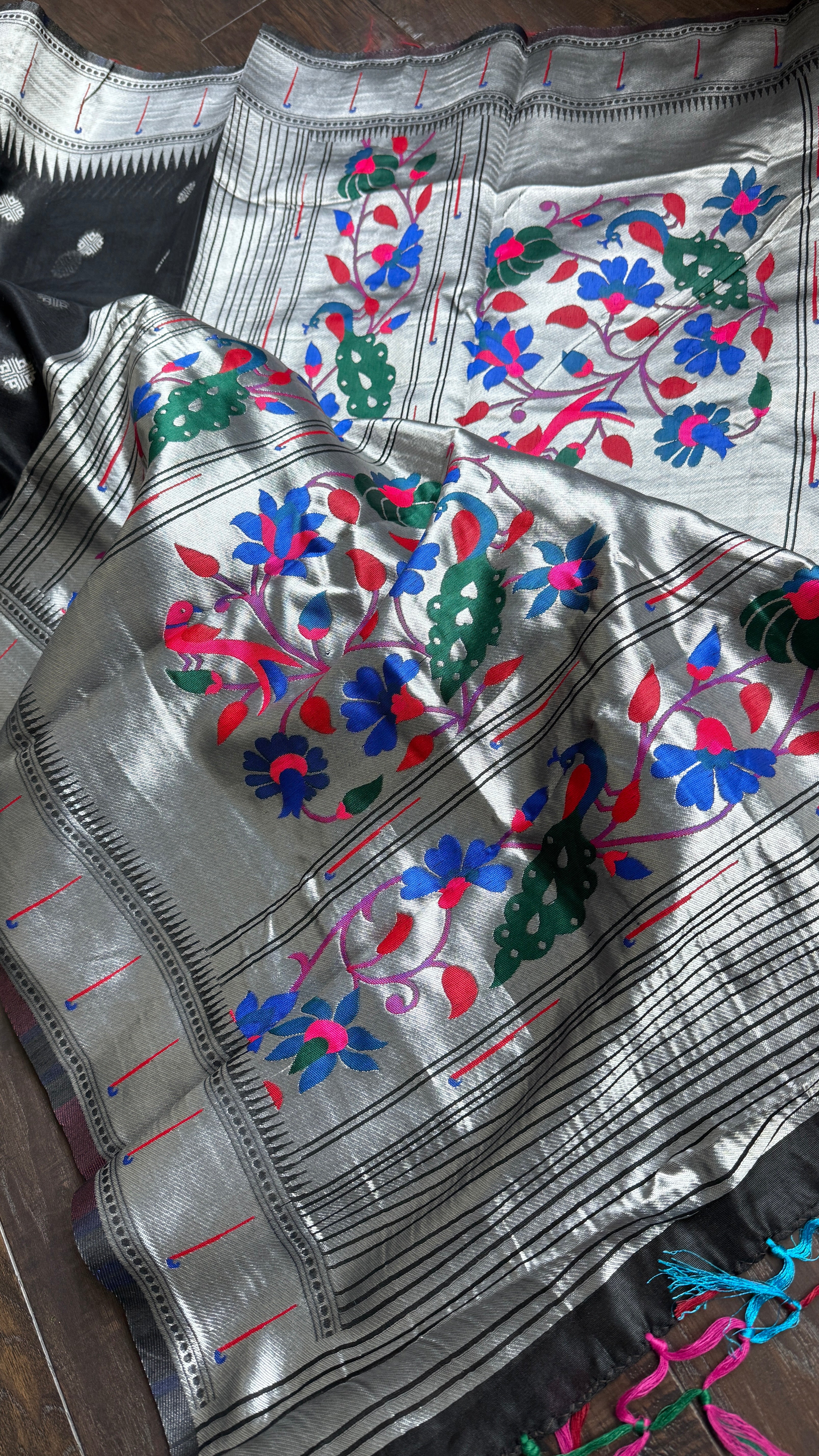 Cotton Silk Paithani - Black Silver Woven