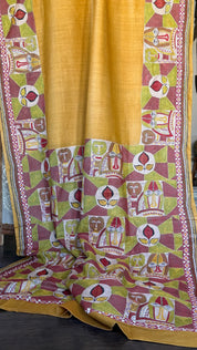 Pure Tussar Silk Kantha Stitch -  Yellow Mask