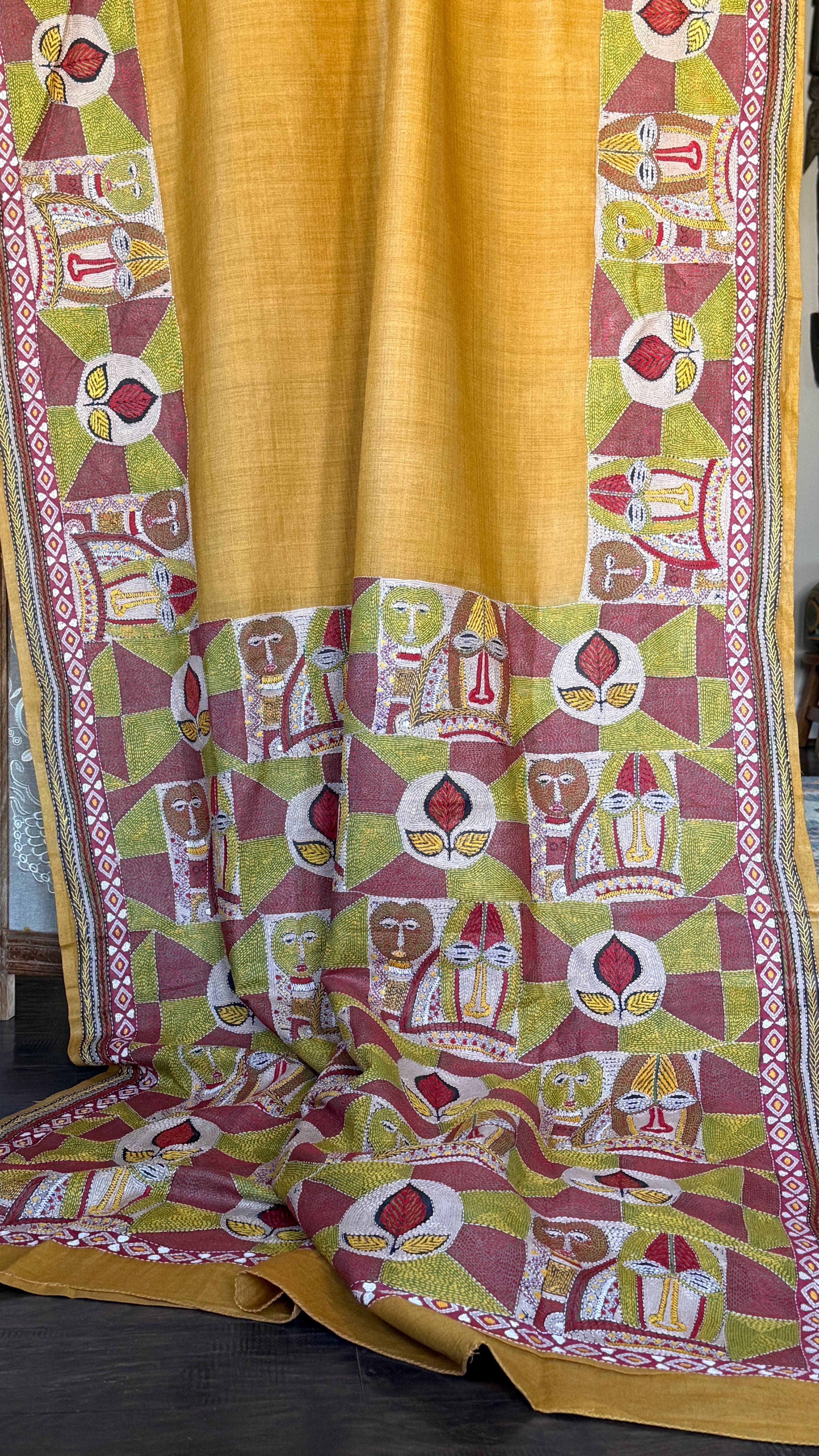 Pure Tussar Silk Kantha Stitch -  Yellow Mask