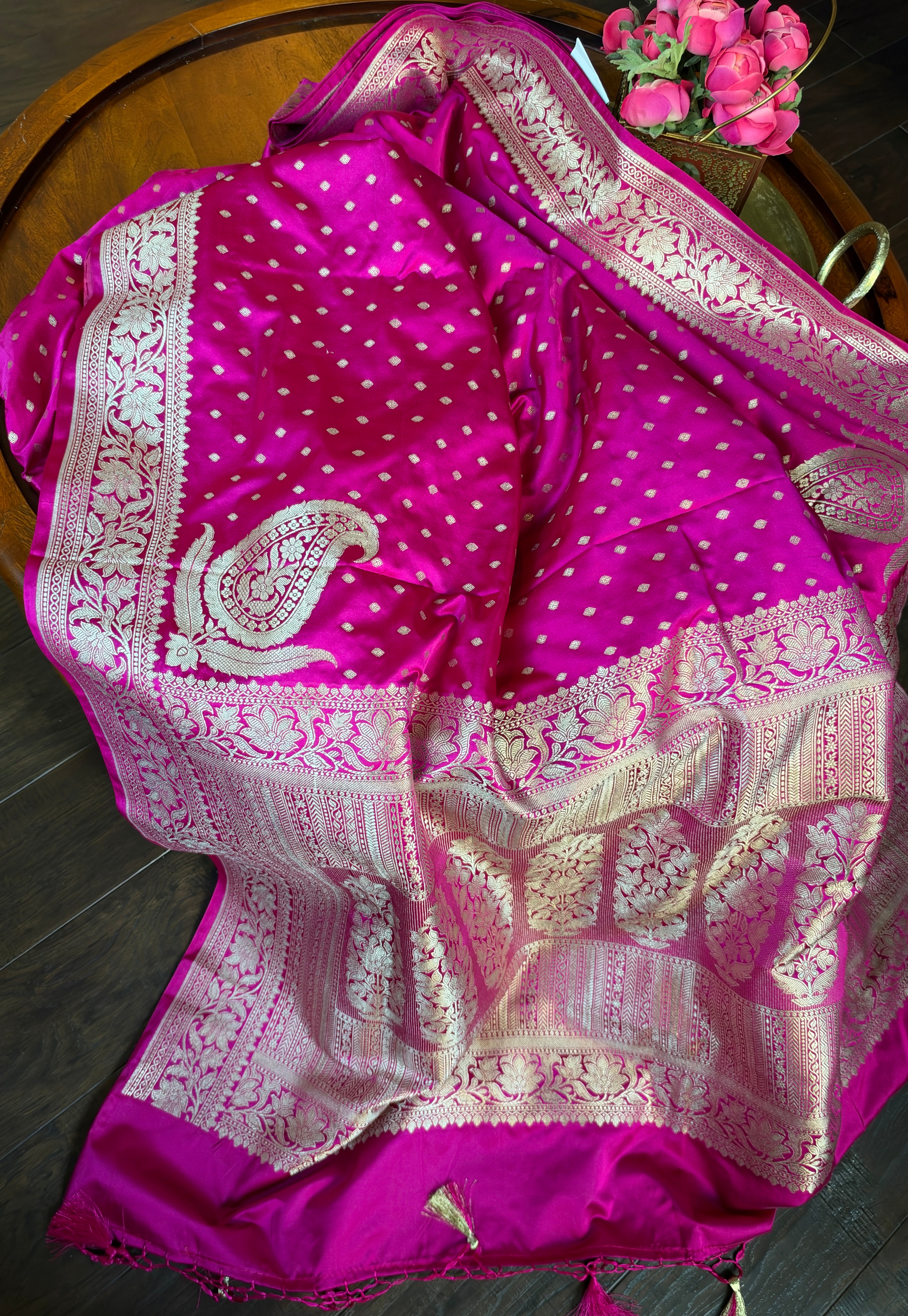 Soft Silk Mashru Banaras Saree - Pink Antique gold Zari