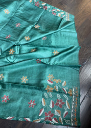 Pure Tussar Silk Kantha Stitch -  Dark Green Multi Color