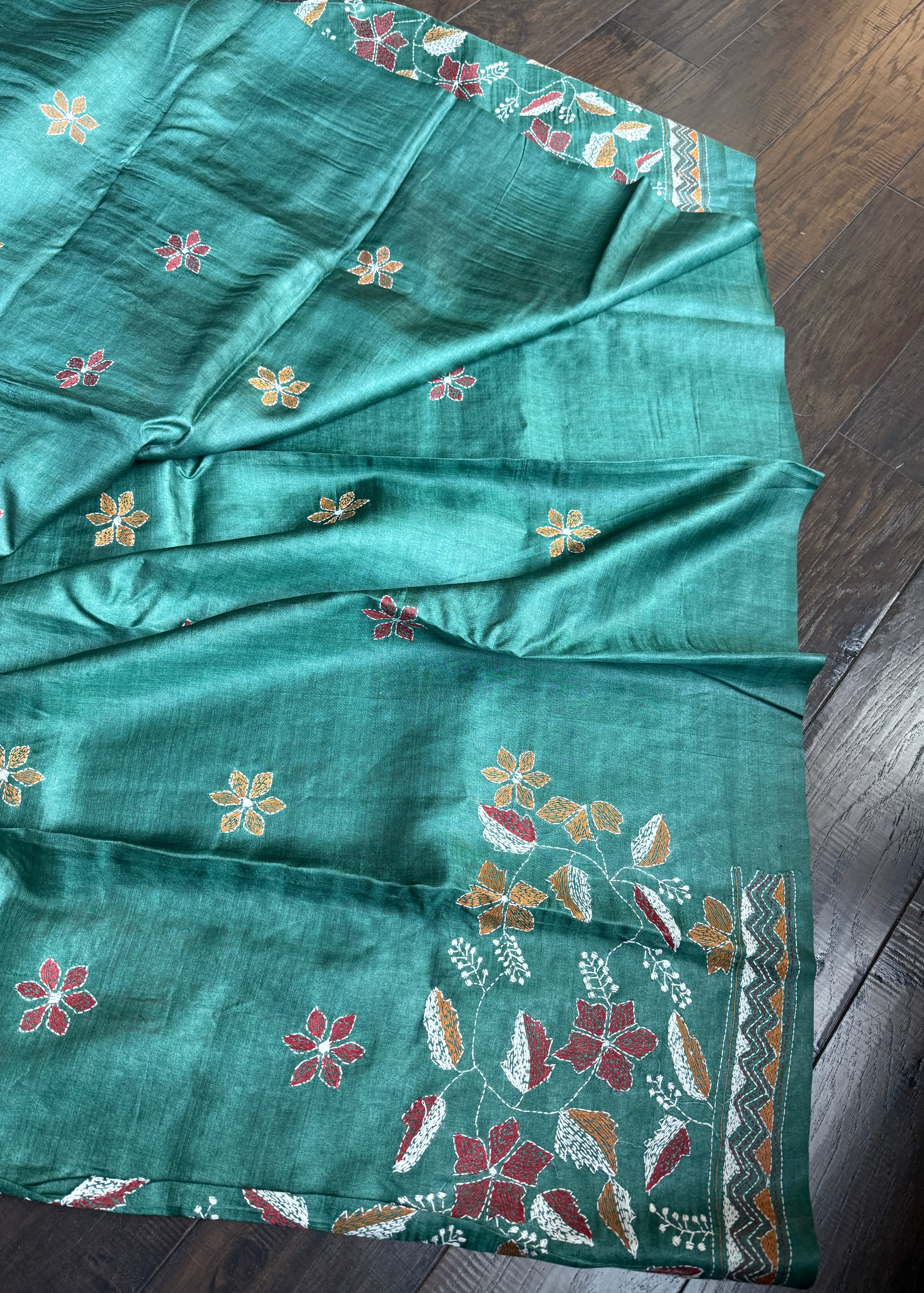 Pure Tussar Silk Kantha Stitch -  Dark Green Multi Color