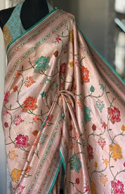 Khaddi Tussar Banarasi -  Peach Sea Green Meenakari