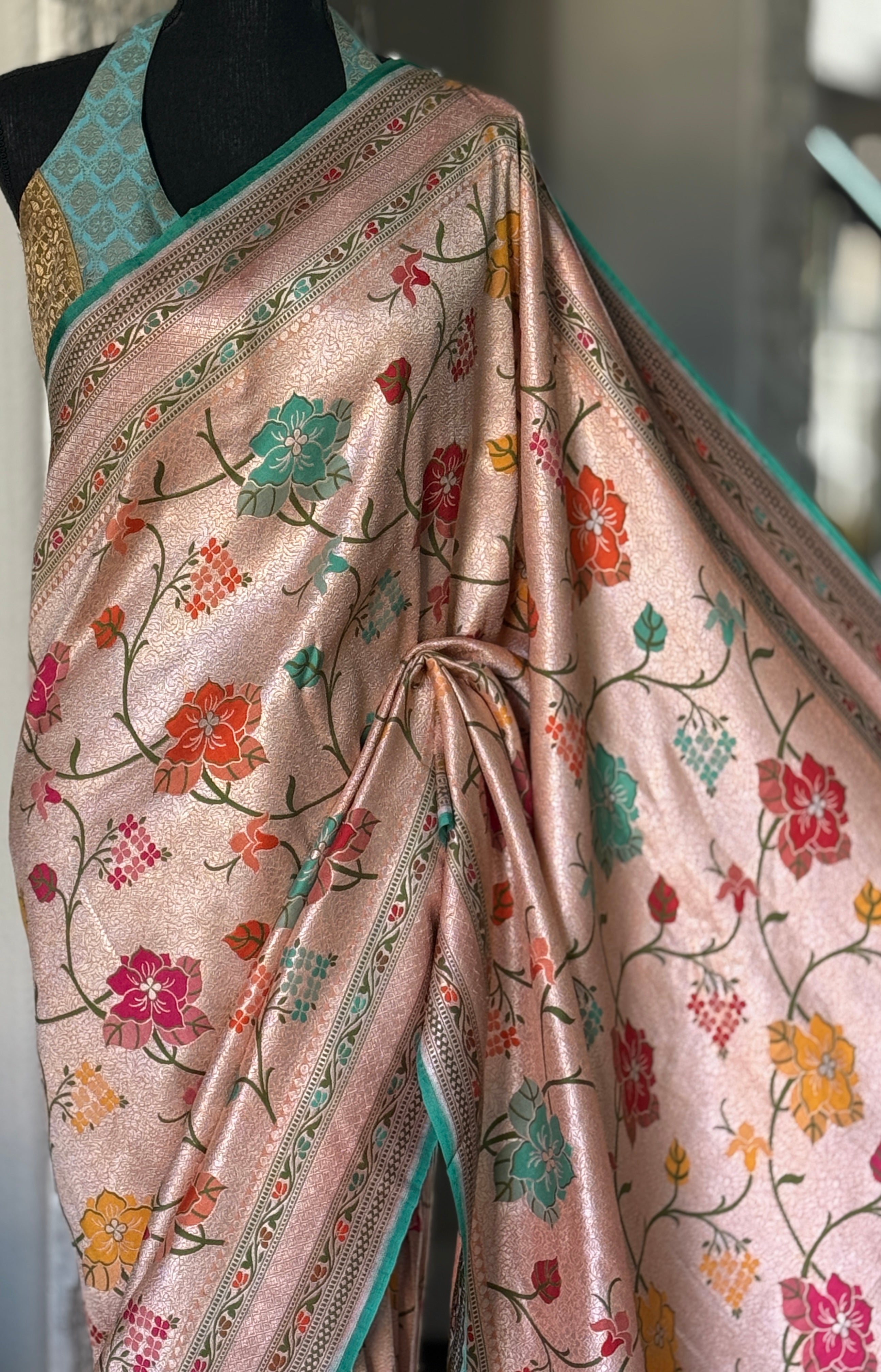 Khaddi Tussar Banarasi -  Peach Sea Green Meenakari