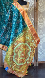 Pure Cotton Silk Ikat - Teal Green Orange